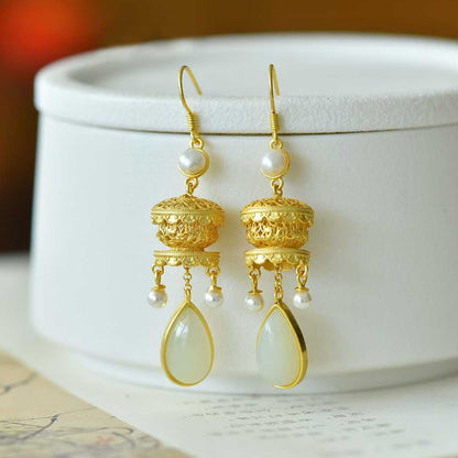 925 Silver Inlaid Nephrite Filigree Hollow Earrings