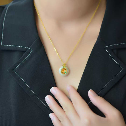 S925 Silver Inlaid Hetian Nephrite "Three Lifetimes of Apricot Blessings" Peace Buckle Pendant