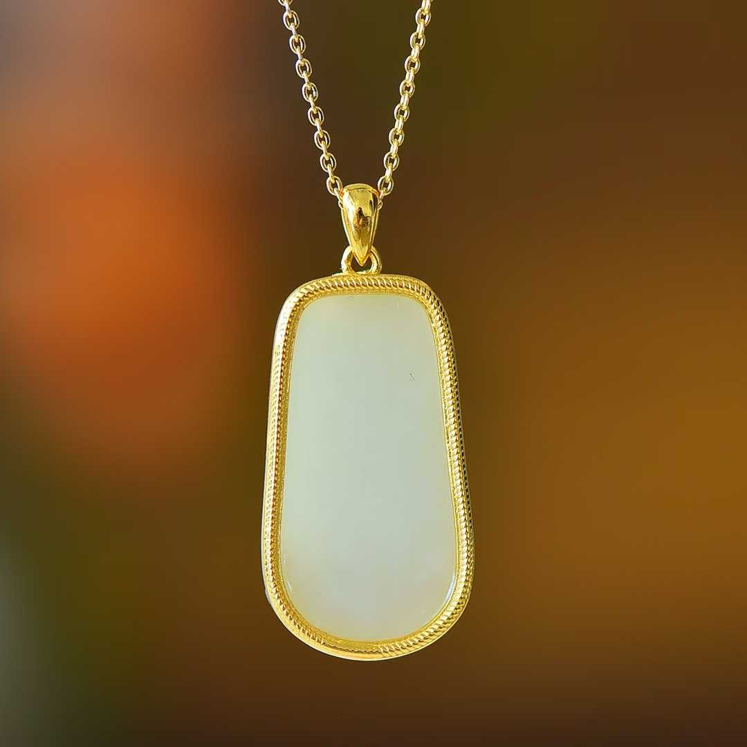 925 Silver-Inlaid Hetian Jade Pendant (Trapezoidal Peace Plaque, "Magnolia & Bamboo Convey Peace" Design)