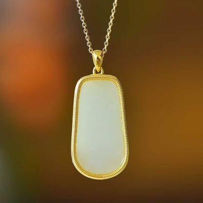 925 Silver-Inlaid Hetian Jade Pendant (Trapezoidal Peace Plaque, "Magnolia & Bamboo Convey Peace" Design)