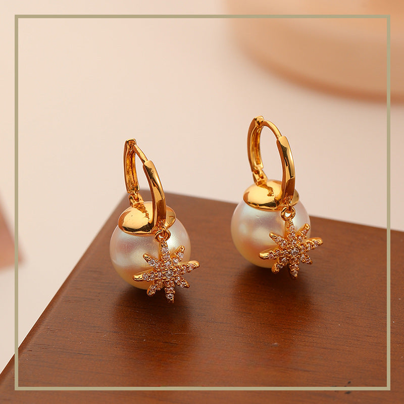 Retro Fashion Eight-pointed Star Pearl Zircon Earrings - jewelryweilin