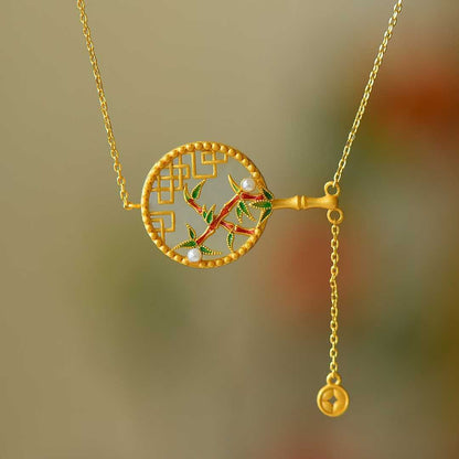 Vintage-Style Silver Inlaid Hetian Nephrite "Ancient-Style Round Fan with Bamboo Bringing Peace" Pendant