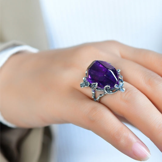 Natural Brazilian Amethyst Fireworks Faceted Ring