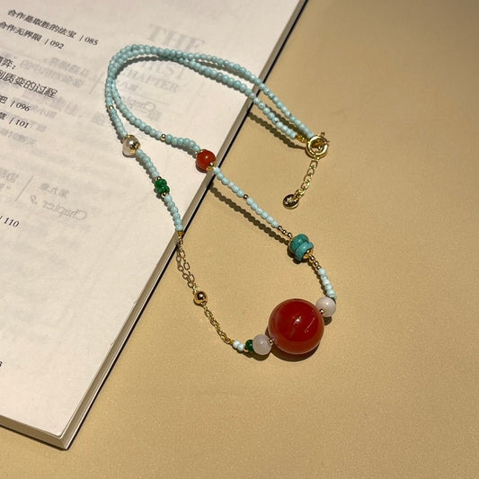 Fashionable turquoise and reddish red necklace - jewelry - weilin.com