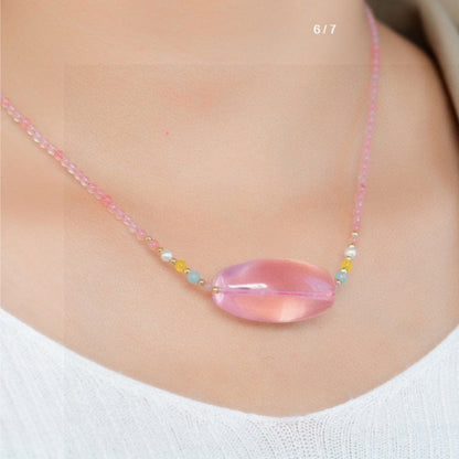 Natural Mozambique Rose Quartz Fortune Bead Collarbone Necklace