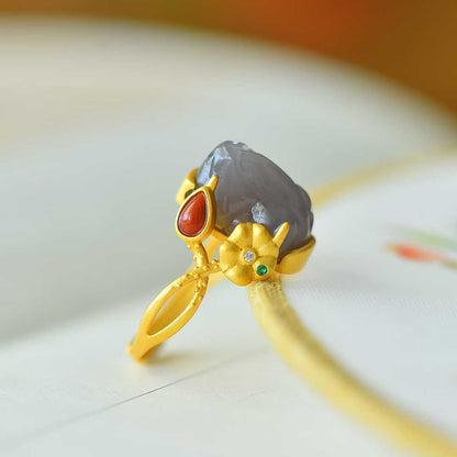 925 Silver Inlaid Hetian Smoky Gray Nephrite Cabochon Ring