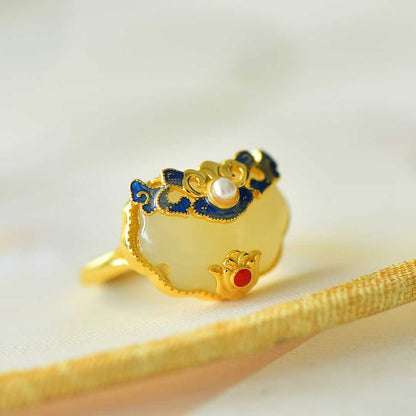 925 Silver Inlaid Blue Enamel & White Hetian Nephrite "Peace & Prosperity" Ring