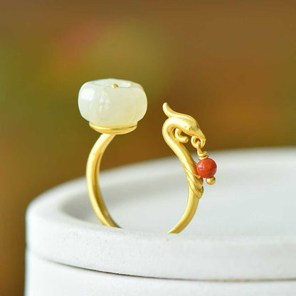 925 Silver Inlaid Hetian White Nephrite "Phoenix Visiting Lotus" Ring with South Red Agate (Plain Silver)