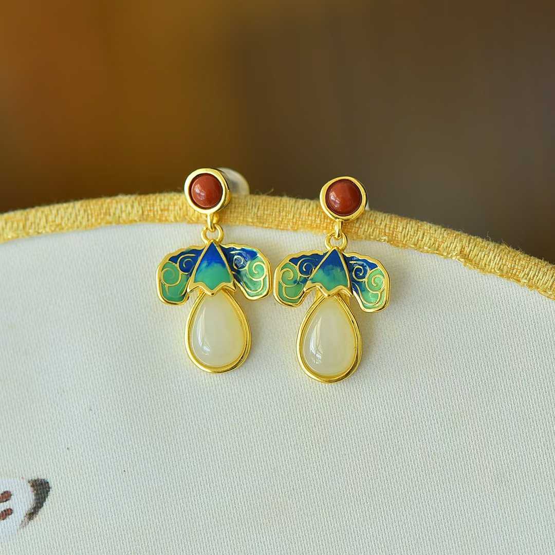 925 Silver Inlaid Nephrite "Blessings Before Eyes" Teardrop Enamel Earrings