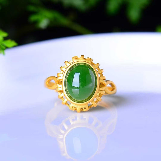 925 Silver Inlaid Enamel and Hetian Jade Cabochon Ring