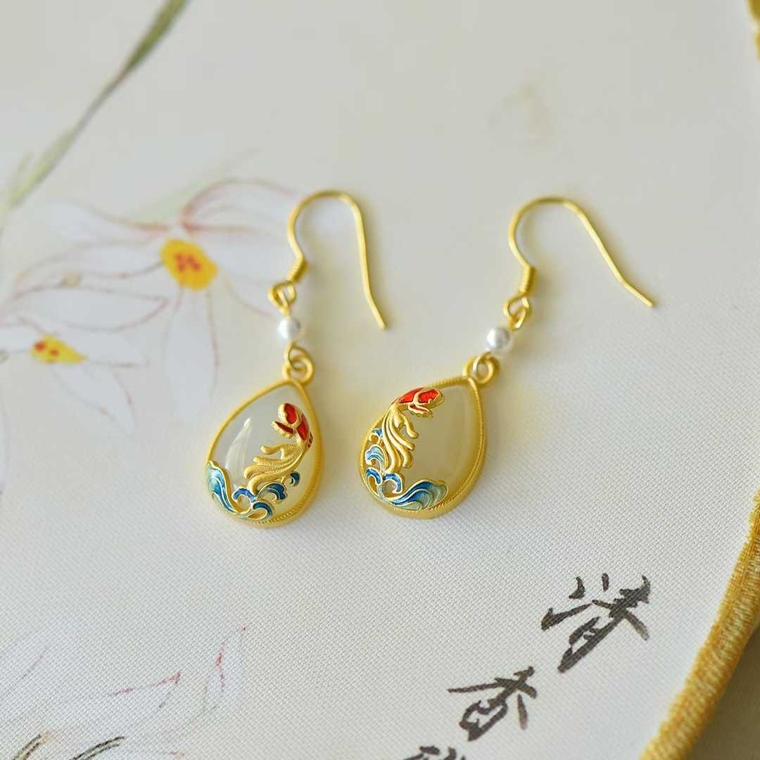 925 Silver Inlaid Nephrite "Koi Fish Coming Ashore" Teardrop Earrings