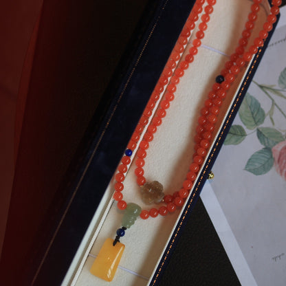 Natural Nanhong Agate 5.8mm Bracelet with Beeswax Amber and Hetian Jade Accents Triple Treasure Combination