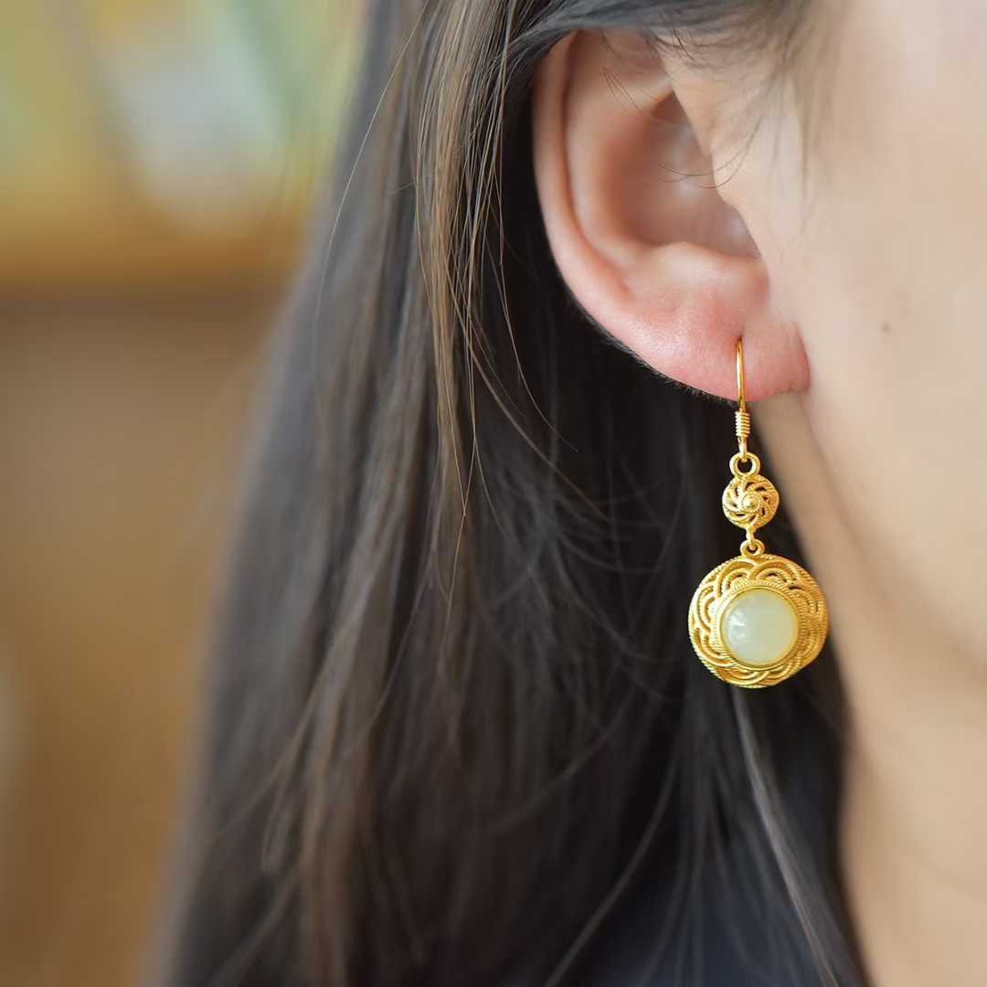 925 Silver Inlaid Nephrite "Flowers Bloom in Prosperity" Earrings
