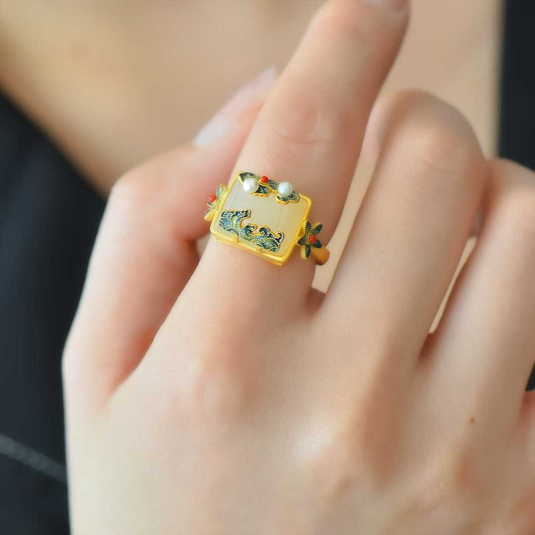 925 Silver Inlaid White Hetian Nephrite "Square Auspicious Clouds & Radiance" Enamel Ring