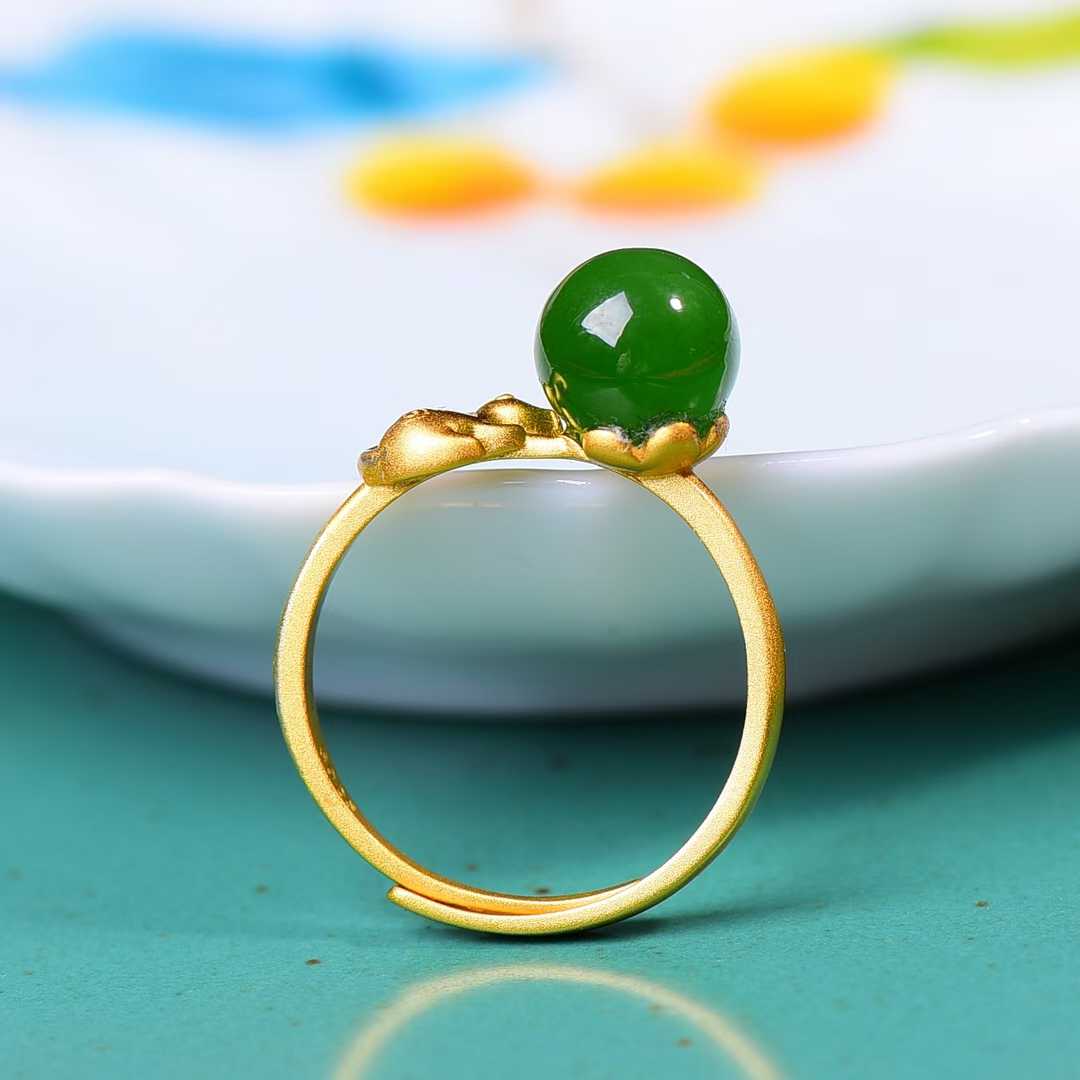 925 Silver Inlaid Nephrite Green Jade Cabochon Plain Silver Ring