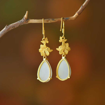 925 Silver Inlaid Nephrite "Butterfly & Flower" Teardrop Earrings