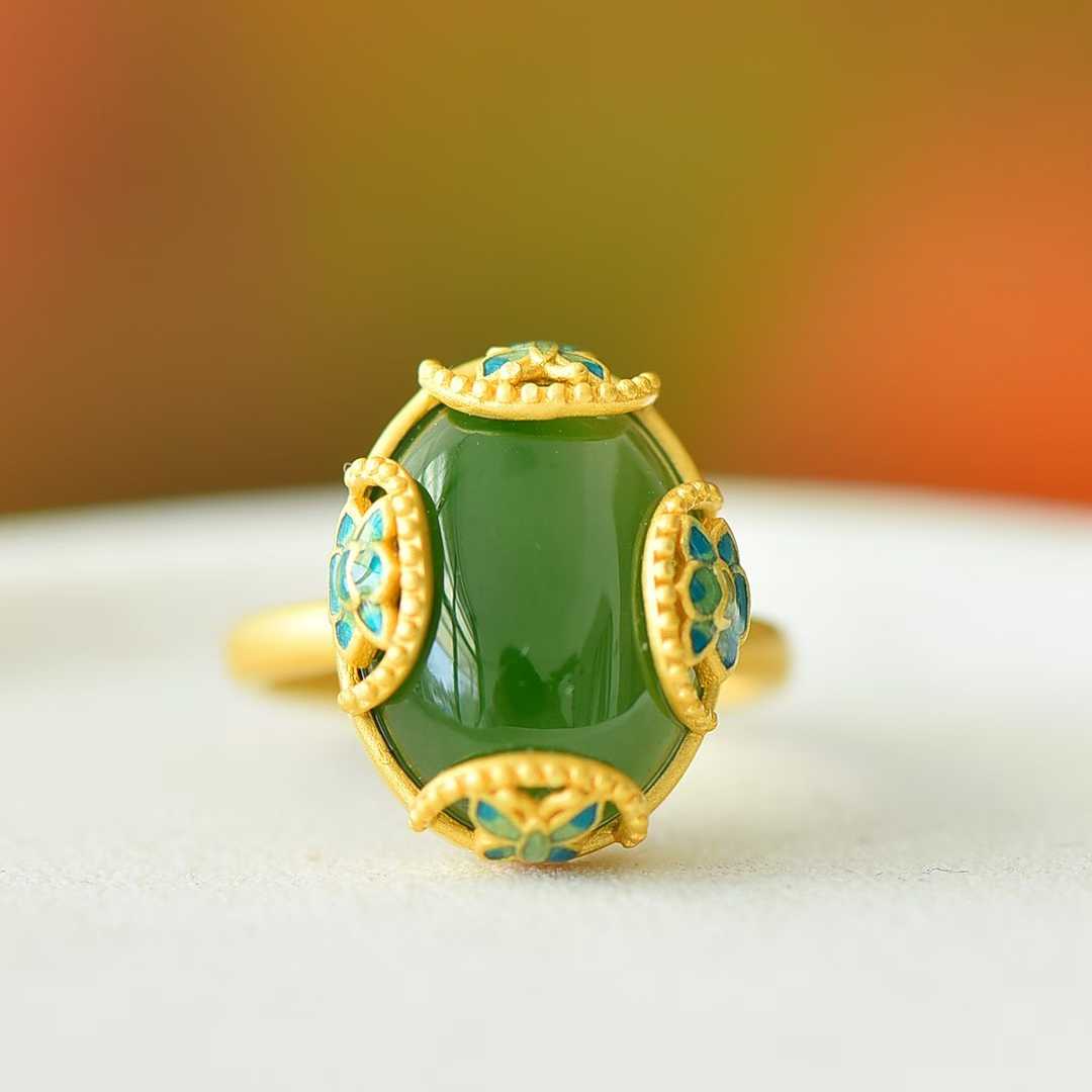 925 Silver Inlaid Hetian Spinach Green Nephrite Cabochon "Colorful Butterflies & Continuous Luck" Enamel Butterfly Ring