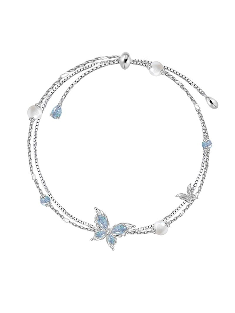 Frozen Ice Blue Butterfly Double Layer Pearl Bracelet - jewelry - weilin.com