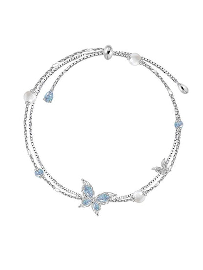 Frozen Ice Blue Butterfly Double Layer Pearl Bracelet - jewelry - weilin.com