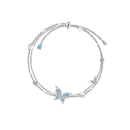 Frozen Ice Blue Butterfly Double Layer Pearl Bracelet - jewelry - weilin.com