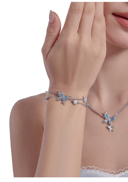 Frozen Ice Blue Butterfly Double Layer Pearl Bracelet - jewelry - weilin.com