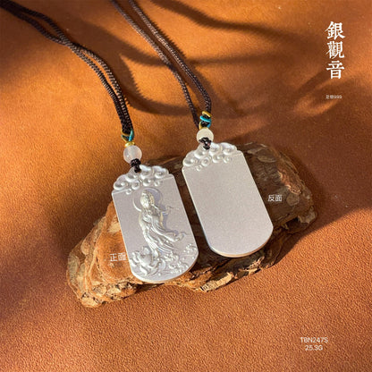 Guanyin Sterling Silver Pendant Braided Rope Necklace - jewelry - weilin.com