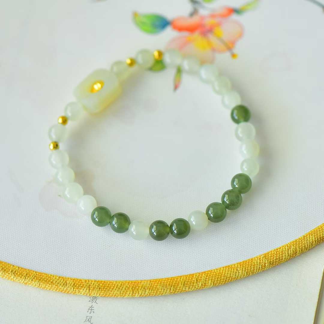 Hetian Nephrite (Sunny Water Material) 6mm Beads & Hollow Lucky Charm Multi - Gem Bracelet - jewelry - weilin.com