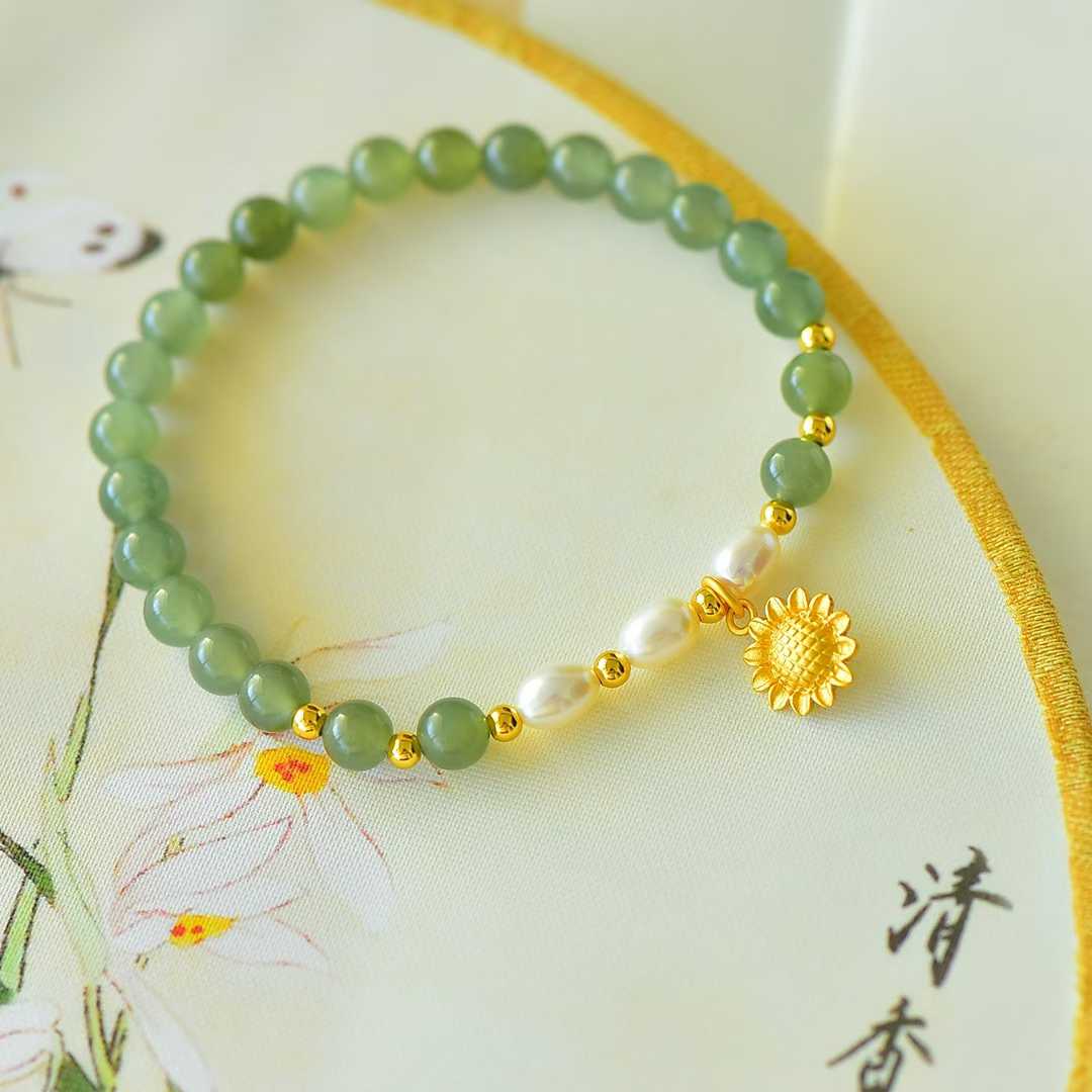 Hetian Nephrite (Sunny Water Material) Fortune - Turning Bead & Sunflower Bracelet - jewelry - weilin.com