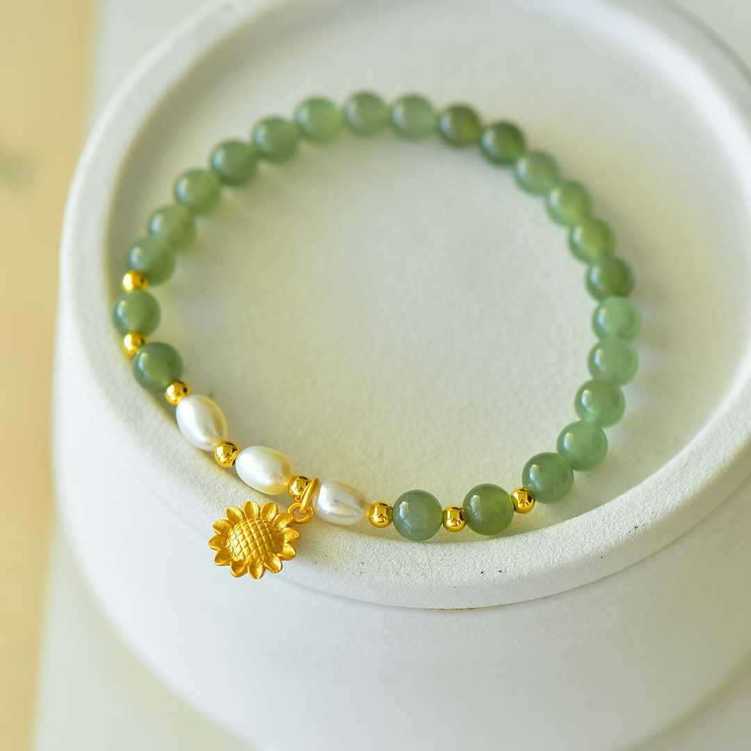 Hetian Nephrite (Sunny Water Material) Fortune - Turning Bead & Sunflower Bracelet - jewelry - weilin.com