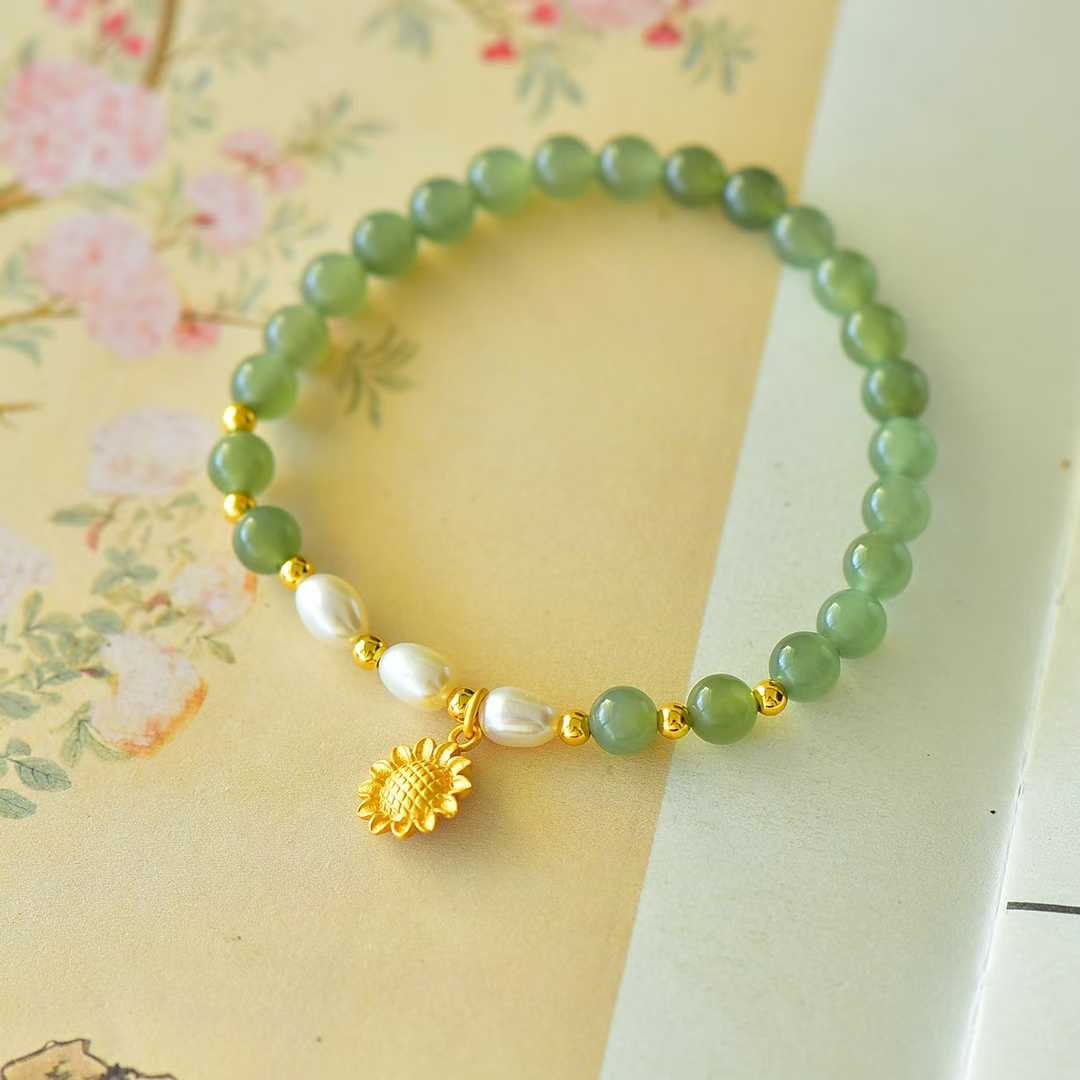 Hetian Nephrite (Sunny Water Material) Fortune - Turning Bead & Sunflower Bracelet - jewelry - weilin.com