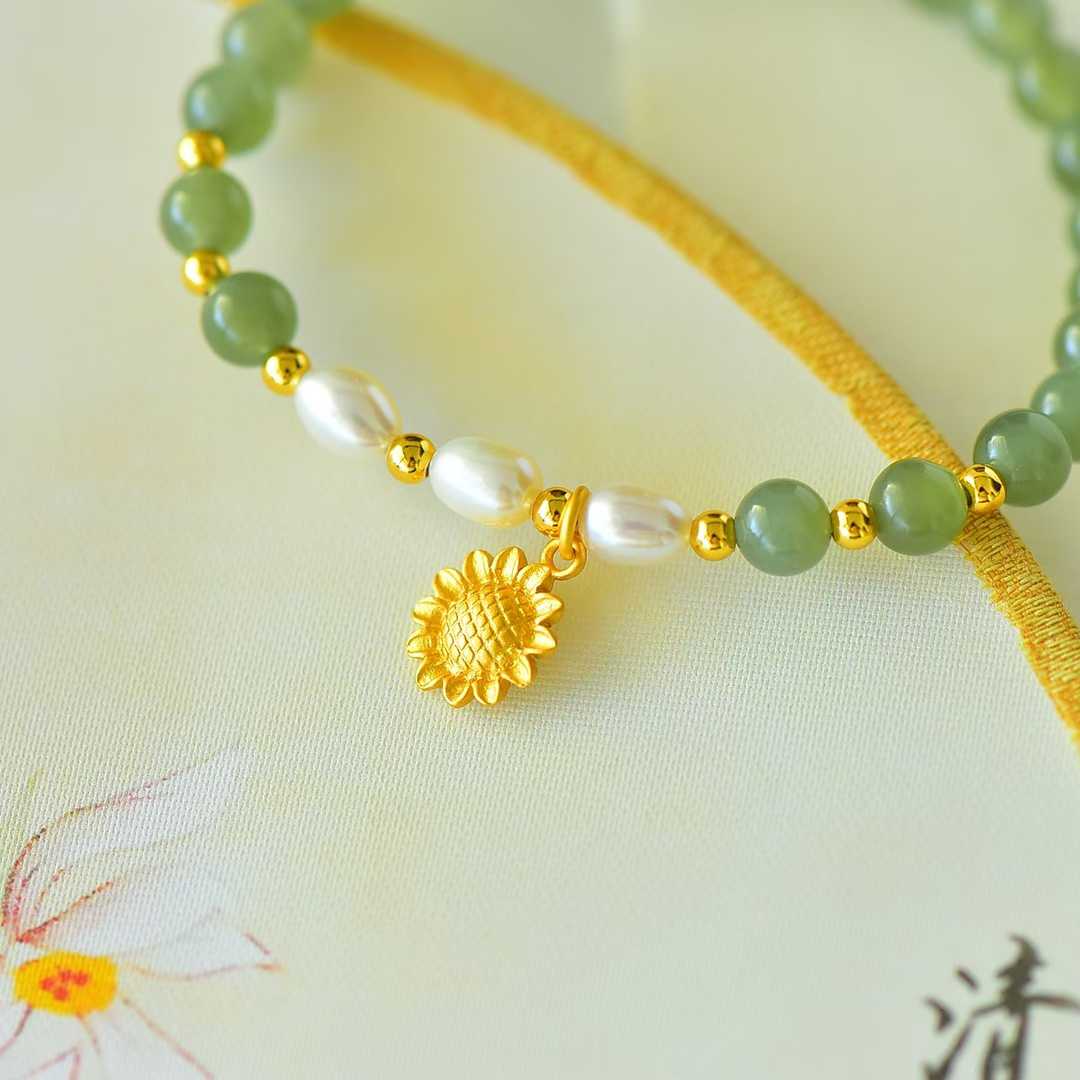 Hetian Nephrite (Sunny Water Material) Fortune - Turning Bead & Sunflower Bracelet - jewelry - weilin.com
