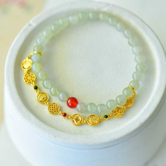Hetian Qingshui Jade Beaded Bracelet with Eight Treasures Chain - jewelry - weilin.com