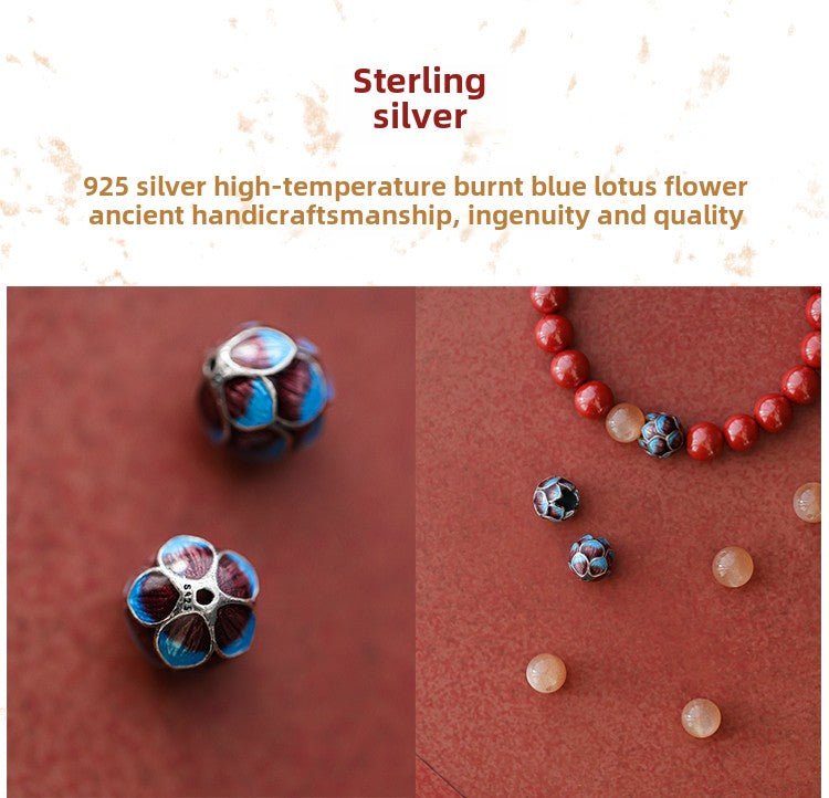 High - end new Chinese style cinnabar ancient silver burning blue lotus bracelet Buddhist beads - jewelry - weilin.com
