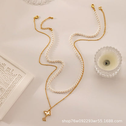 Ladies High - end Butterfly Mother - of - Pearl Stacking Necklace - jewelry - weilin.com
