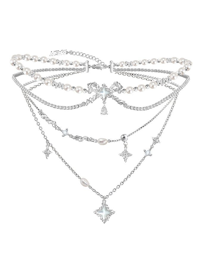 Layered pearl necklace with star pendant - jewelry - weilin.com
