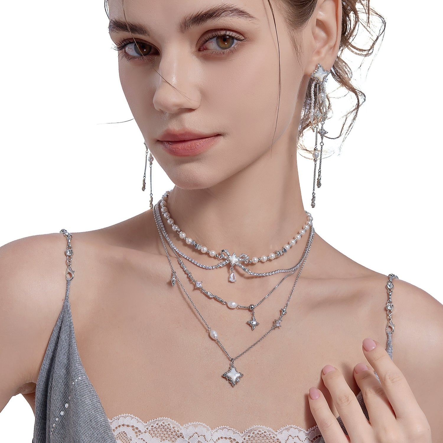 Layered pearl necklace with star pendant - jewelry - weilin.com