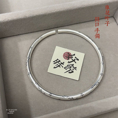 New Chinese style old car flower leaf round stick sterling silver bracelet - jewelry - weilin.com
