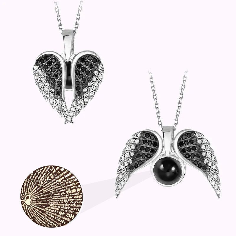 Photo Projection Heart - shaped Necklace with Angel Wings - jewelry - weilin.com