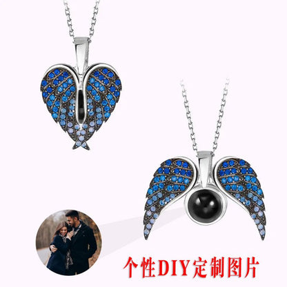 Photo Projection Heart - shaped Necklace with Angel Wings - jewelry - weilin.com