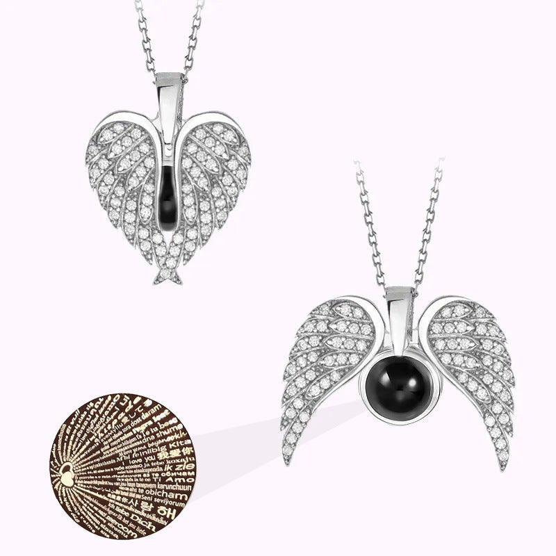 Photo Projection Heart - shaped Necklace with Angel Wings - jewelry - weilin.com