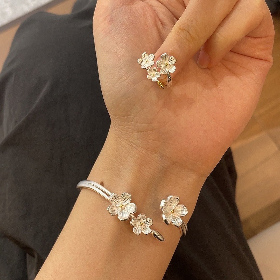 Plum Blossom Sterling Silver Bracelet Ring - jewelry - weilin.com