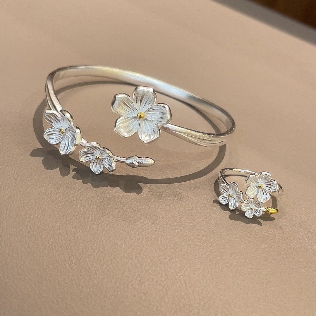 Plum Blossom Sterling Silver Bracelet Ring - jewelry - weilin.com