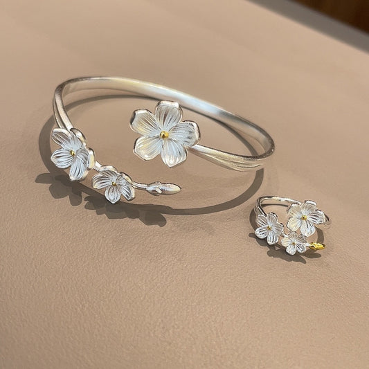 Plum Blossom Sterling Silver Bracelet Ring - jewelry - weilin.com