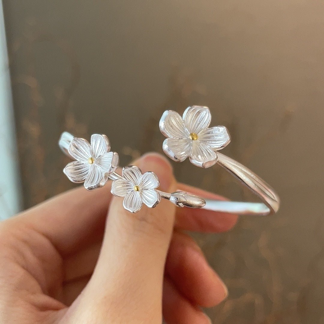 Plum Blossom Sterling Silver Bracelet Ring - jewelry - weilin.com