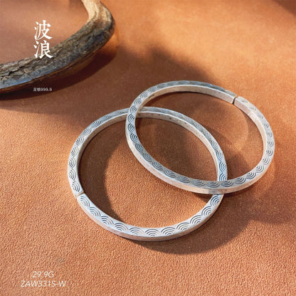 Polished sanded old pattern hammered edge sterling silver bracelet - jewelry - weilin.com