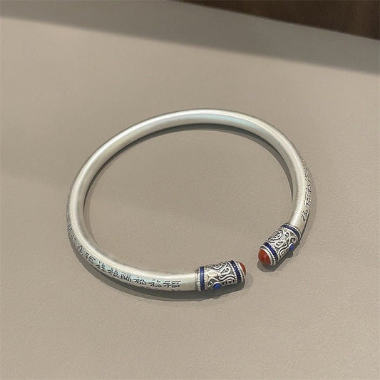 Retro Chinese style round stick sterling silver bracelet - jewelry - weilin.com