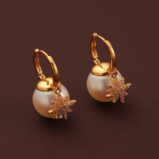 Retro Fashion Eight - pointed Star Pearl Zircon Earrings - jewelry - weilin.com