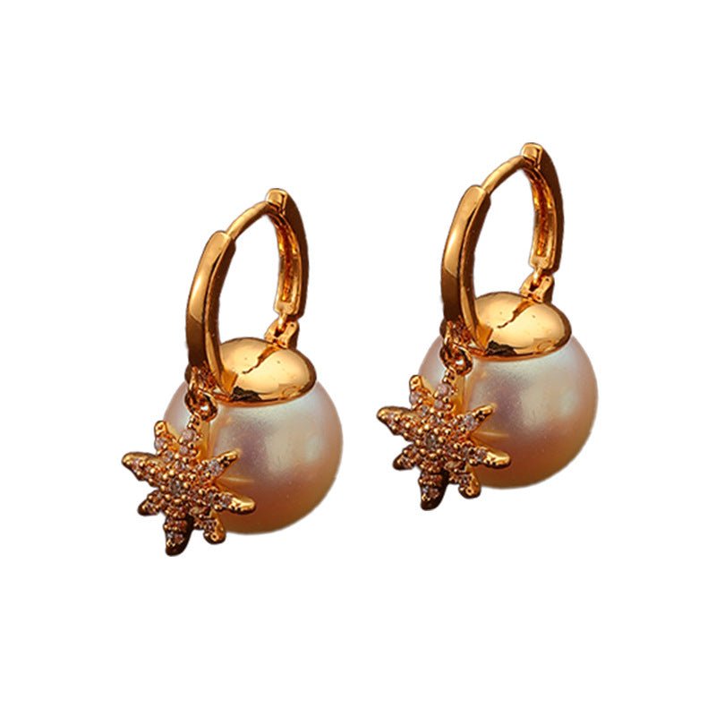 Retro Fashion Eight - pointed Star Pearl Zircon Earrings - jewelry - weilin.com