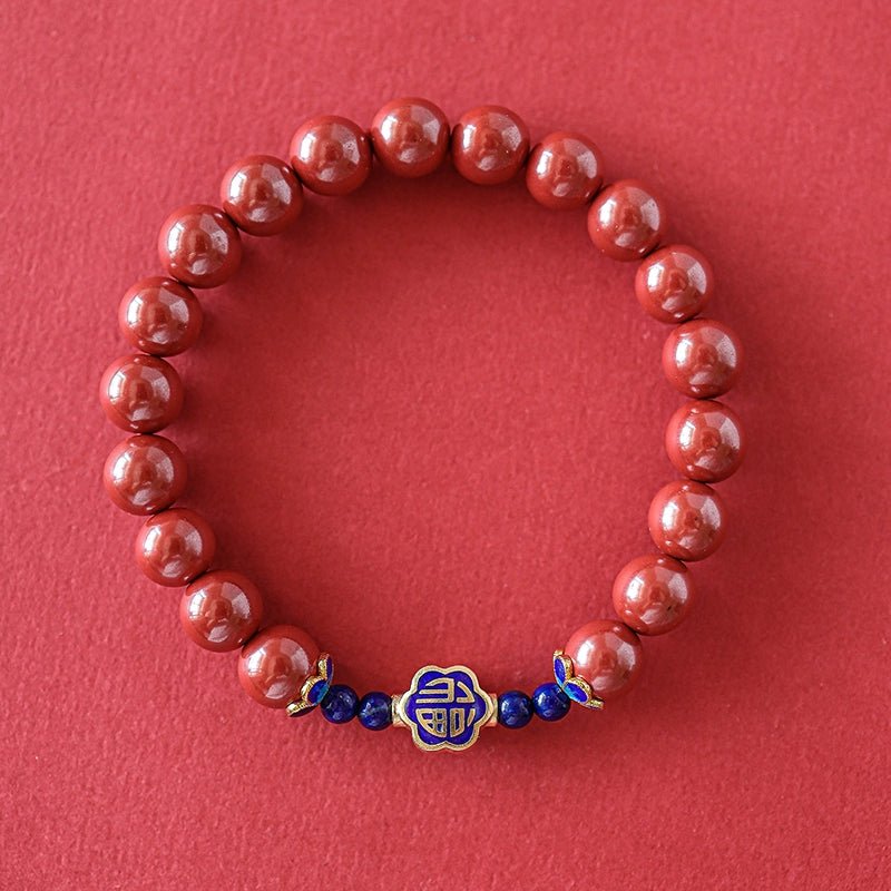 Retro New Chinese Cinnabar Emperor Sand Bracelet with Silver Cloisonne Bracelet - jewelry - weilin.com