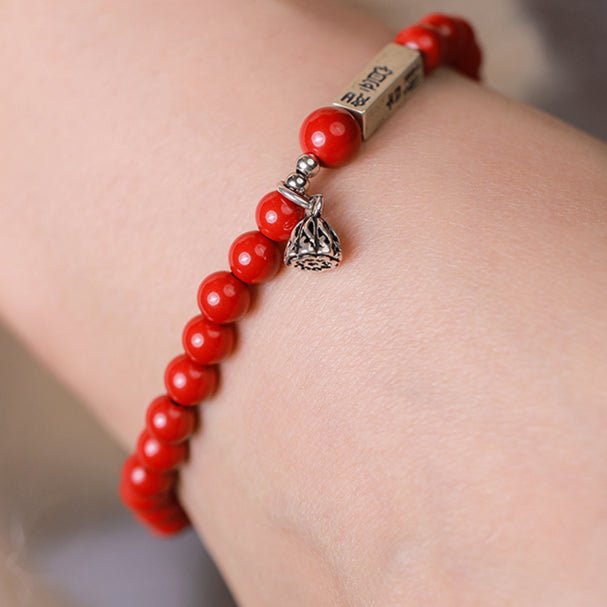 Retro New Chinese Style cinnabar red sand bracelet pure silver Ruyi lotus bracelet - jewelry - weilin.com
